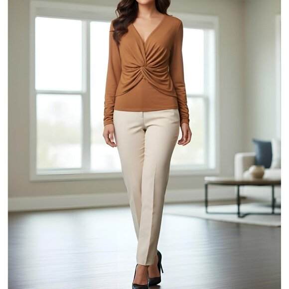 Calvin Klein Crepe V-Neck Long Sleeve Twist Front Blouse XL Luggage Camel NWT - Picture 2 of 16